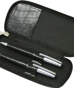 Metal pen gift set includes roller ball and ball pen with leather barrel and packed into zippered case Park lane